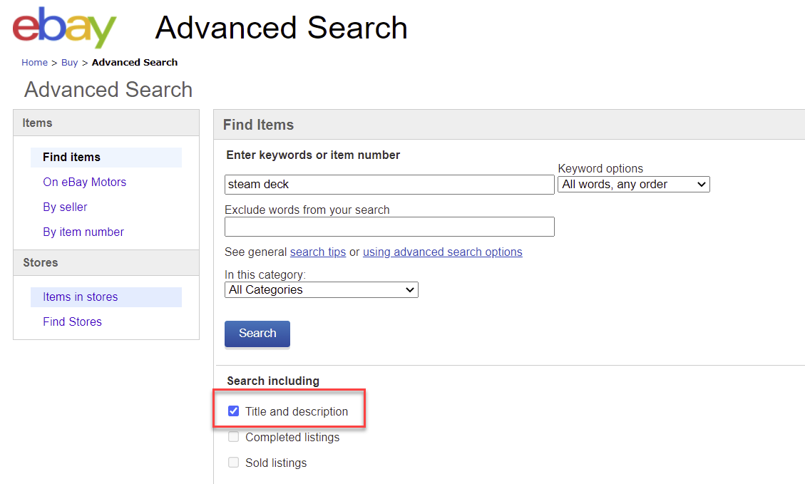 eBay Advanced Search Not Working June 2022